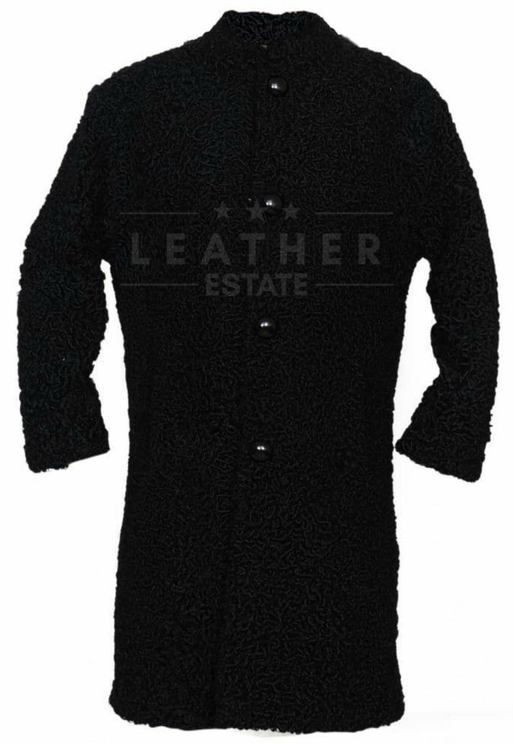 Pre-owned Leather Estate Men's Handmade Real Persian Lamb Fur Black Long Coat