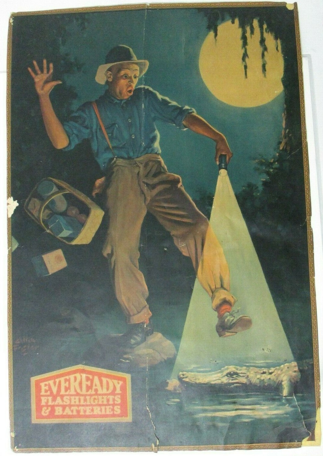 Vintage 1930s EverReady Flashlights & Batteries Poster Sign black man alligator