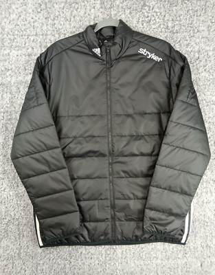 Adidas Puffer Jacket Mens Medium Black White Side Stripes Stryker Embroidery NWT
