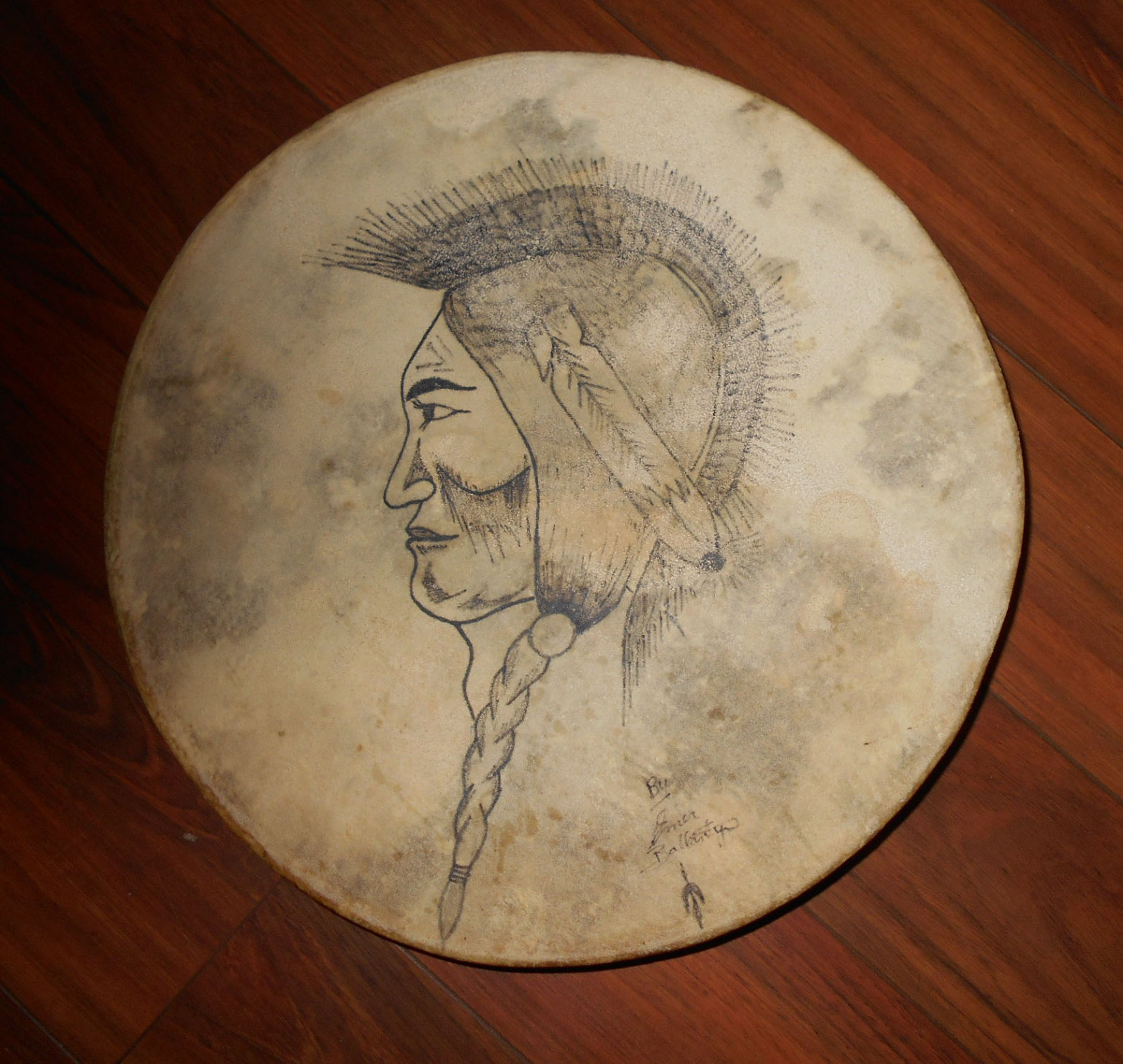 Plains Indian drum Saskatchewan   signed   very nice fine sound . no beater