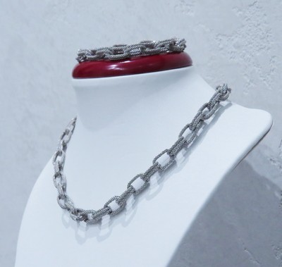 DESIGNER 14K 585 white gold  Mesh NECKLACE BRACELET SET 2 in 1 15