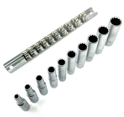 ASTA 12 Point Bi-Hex Deep Socket Set 1/4'' Dr on Storage Rail Cr-V 4mm-13mm 10pc
