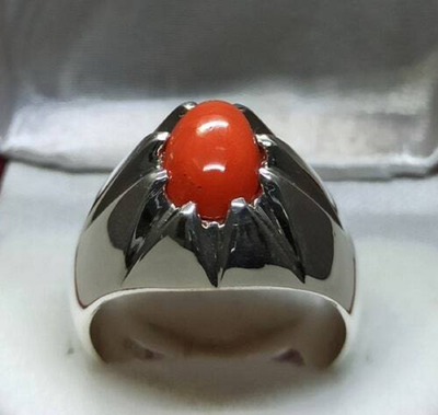 Natural Deep Red Australian Coral Mens Rings Sterling Silver 925