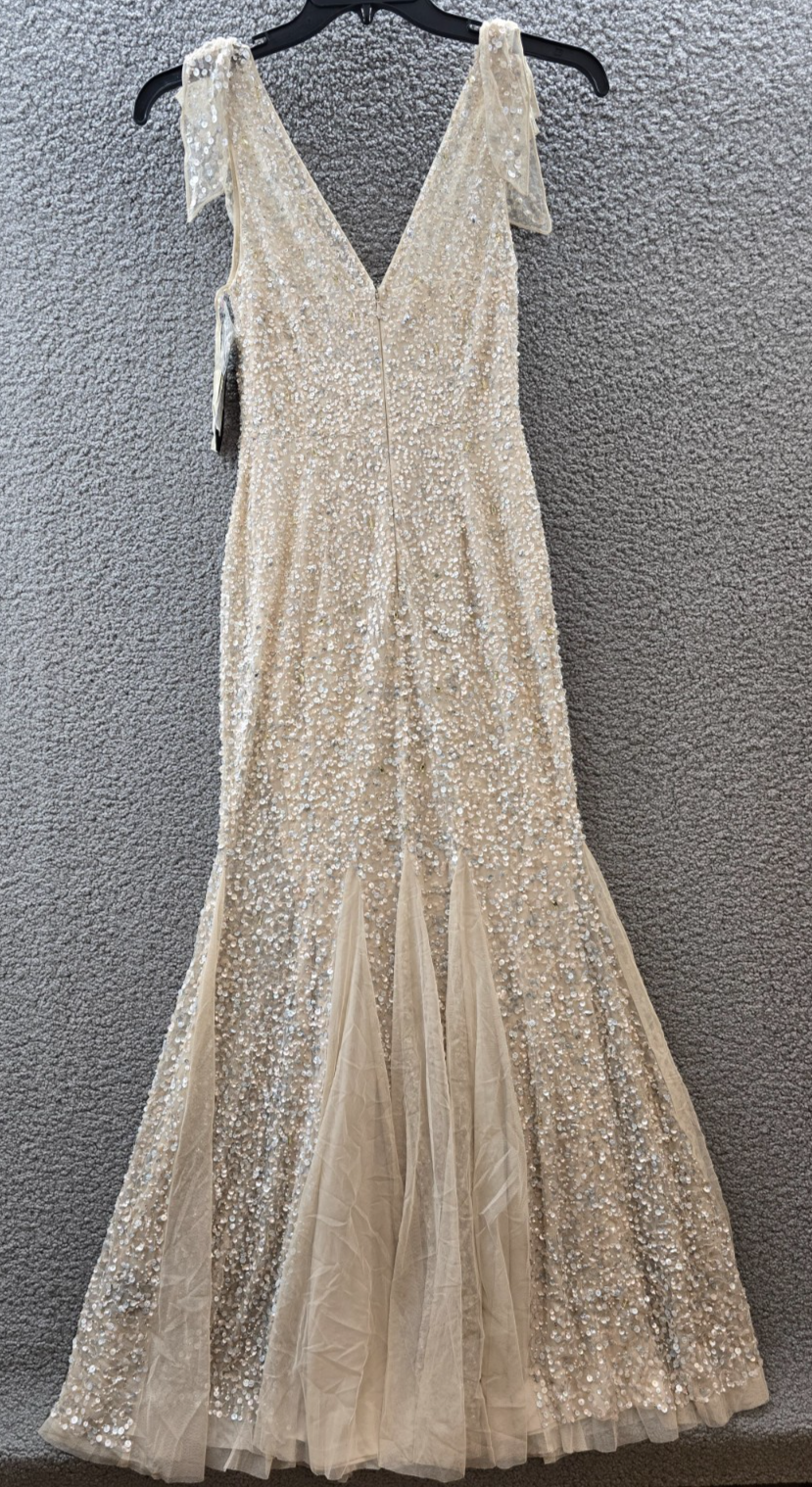 Aidan Mattox Beaded Bow-Shoulders Godet Gown Women's 2 Champagne Zipper Closure - Picture 10 of 18