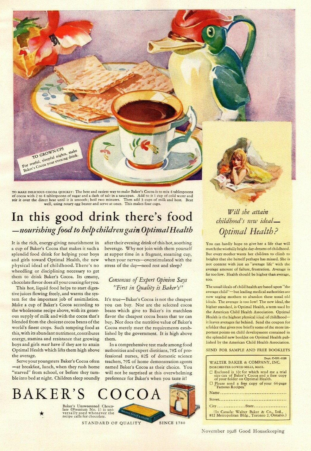 1928 Baker&rsquo;s Cocoa Vintage Print Ad Hot Chocolate In This Good 