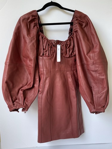 Pre-owned Asos Design Asos Edition Womens Real Leather Mini Dress With Bust Ruching In Chestnut 2 In Brown