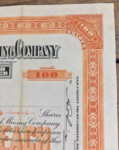 Union Copper Land And Mining Company Michigan Stock Certificate 1939 Orange