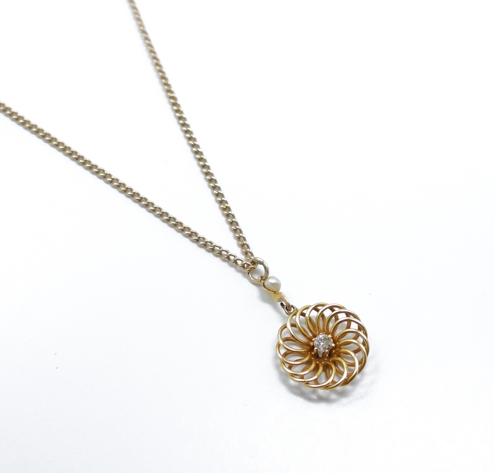 Antique Early 20c 14K Gold Diamond Seed Pearl Filigree Lavalier Necklace