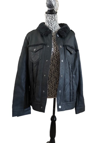 Pre-owned Ugg Men Clint Sherling Black 100% Lambskin Leather Trucker Jacket Coat Size L