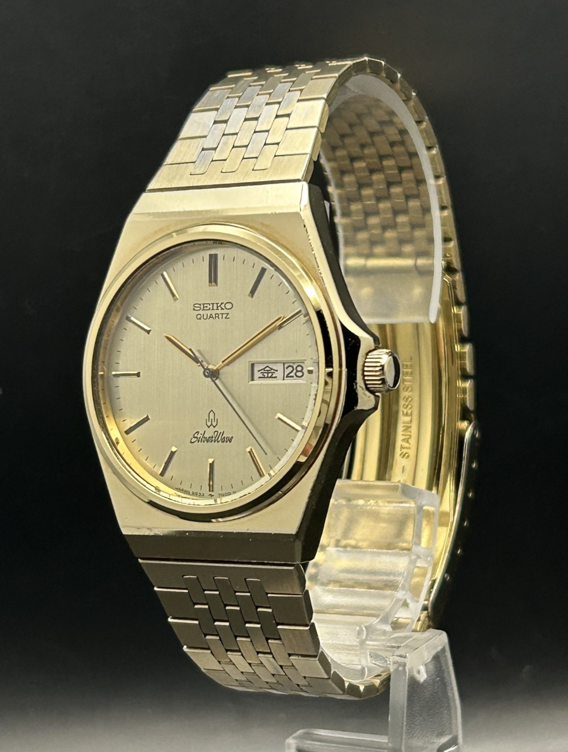 SEIKO WATCH SILVER WAVE 5933-7030 QUARTZ DAY DATE KANJI GOLD [Very