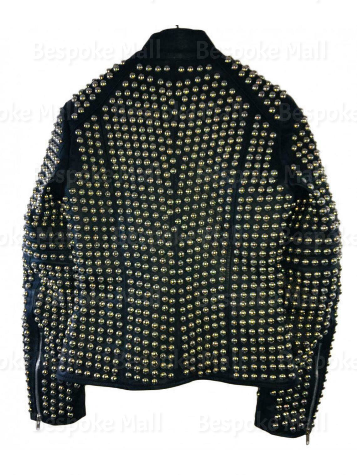 Pre-owned Handmade Woman Black Full Silver Studded Quilted Zippered Cowhide Leather Jacket-180