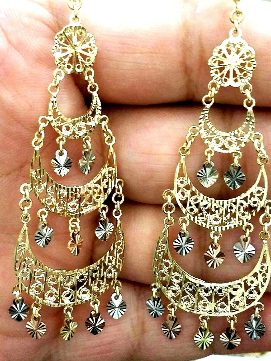 Pre-owned Handmade Gold Earring Chandelier 14k Heart Gypsy Filigree Solid Long Drop Hang 3.25" In Multicolor