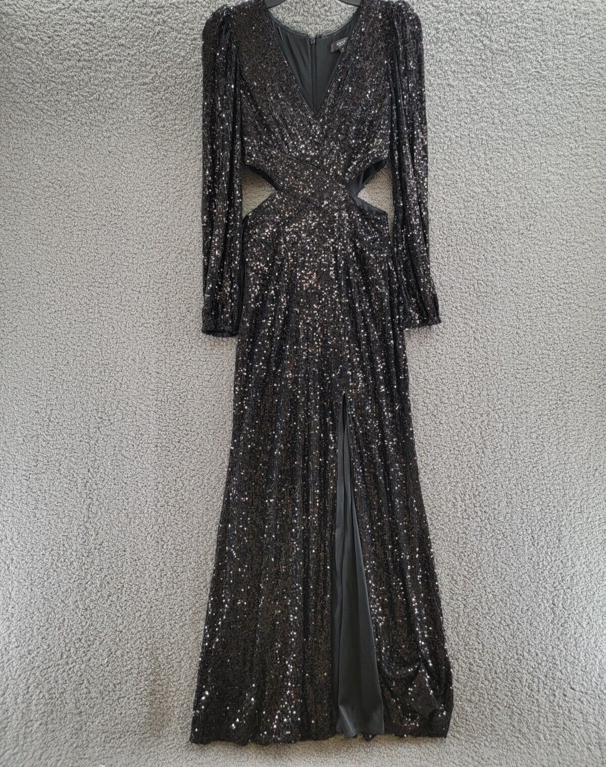 AQUA V-Neck Long Sleeve Cutout Sequin Dress Women's 2 Black Side Slit Back Zip - Picture 2 of 17