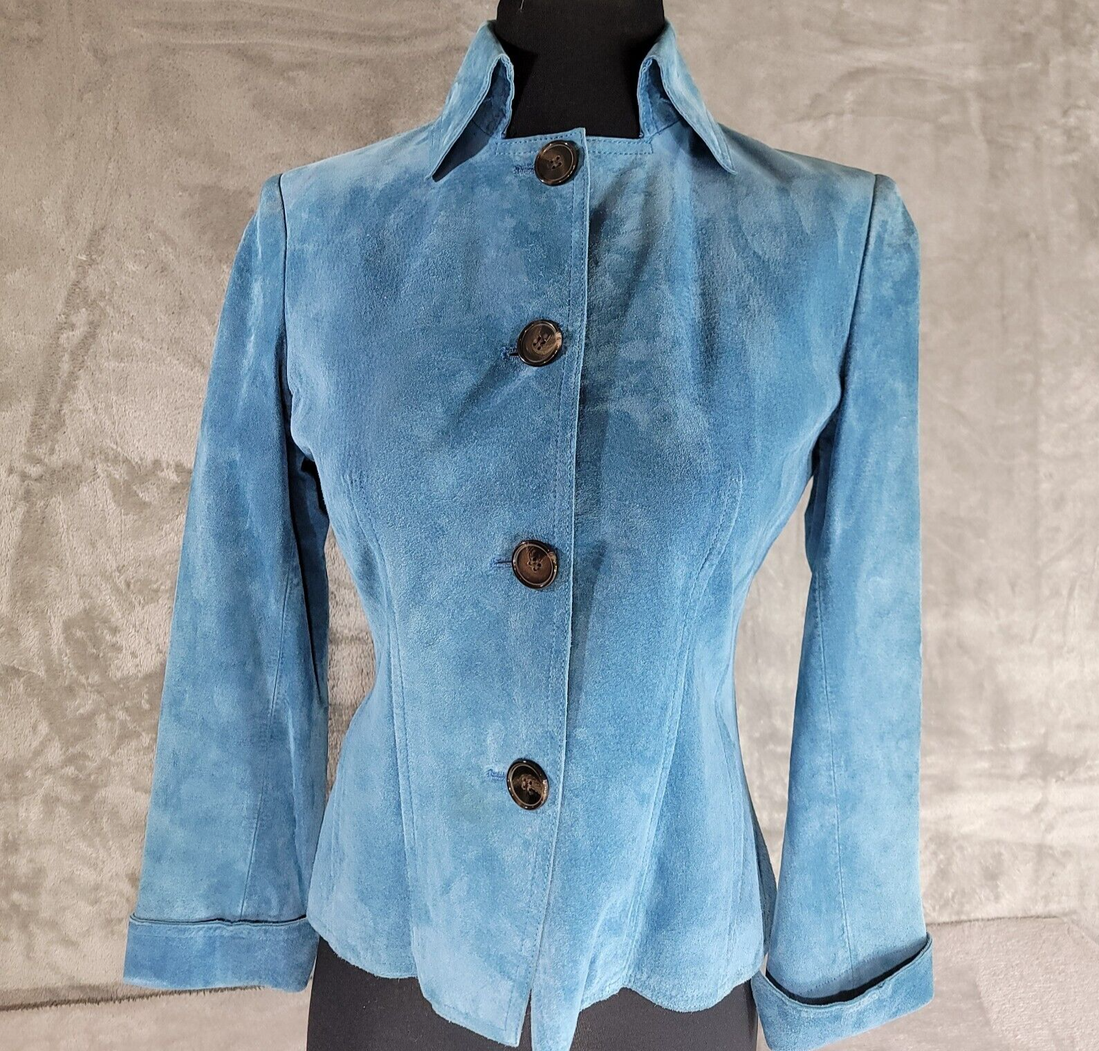 AK Anne K Jacket Womens PP Blue Suede Button Up Cuff Sleeve Soft 
