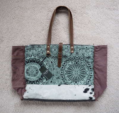 Myra Bag Canvas Leather XL Weekender Tote Green Floral Print Cowhide Hair Fringe