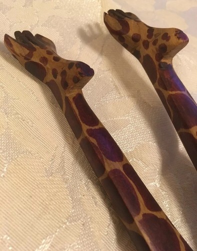Wooden Giraffe Handled Spoon & Fork Serving Set-Hand Carved & Stained-11.5” Tall