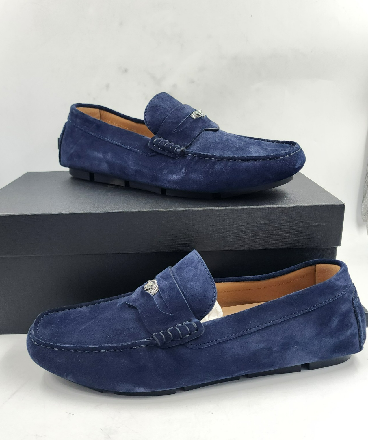 Versace Medusa Penny Loafers Men's 42.5/9.5US Blue Stitched Moc Toe Slip On - Picture 3 of 24