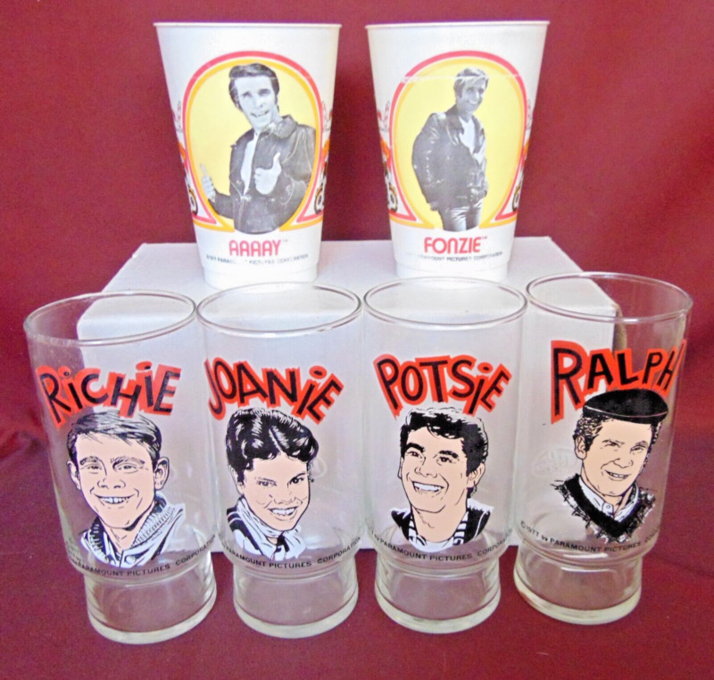 Happy Days 1977 Glass & Cup Lot Fonzie Ritchie Joanie Potsie Ralph Mouth Set Vgc