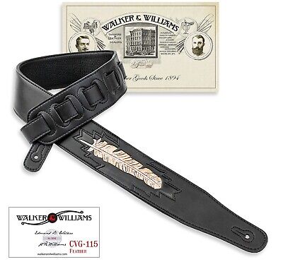 Walker & Williams CVG-115 Black Leather Padded Guitar Strap Hand Tooled Feather