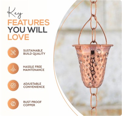 Copper Hammered Rain Chain – Decorative Chimes & Cups Replace Gutter Downspou...