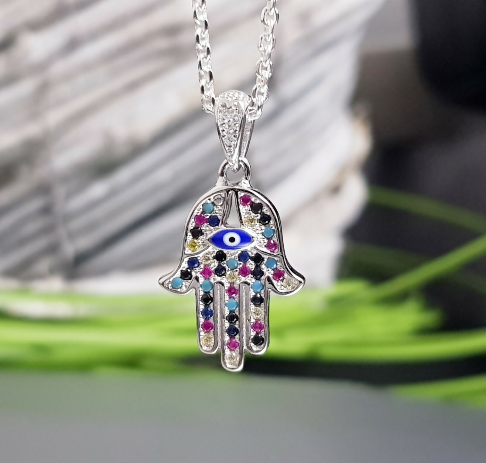 925 Silver Hand of Fatima with Eye Pendant Hamsa Khamsa Chain Pendant Necklace eBay