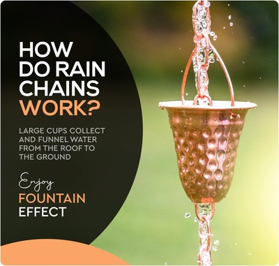 Copper Hammered Rain Chain – Decorative Chimes & Cups Replace Gutter Downspou...