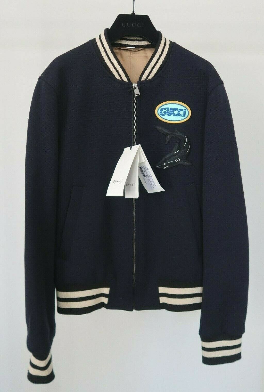 GUCCI sz IT 44 US XS Mens Navy Shark Logo Patch Zipped GUCCI sz IT 44 US XS Mens Navy Shark Logo Patch Zipped