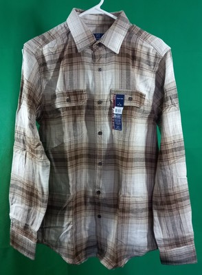 George Men's Longsleeve Flannel Valleo Tan Plaid Button Down Shirt-Small (34-36)