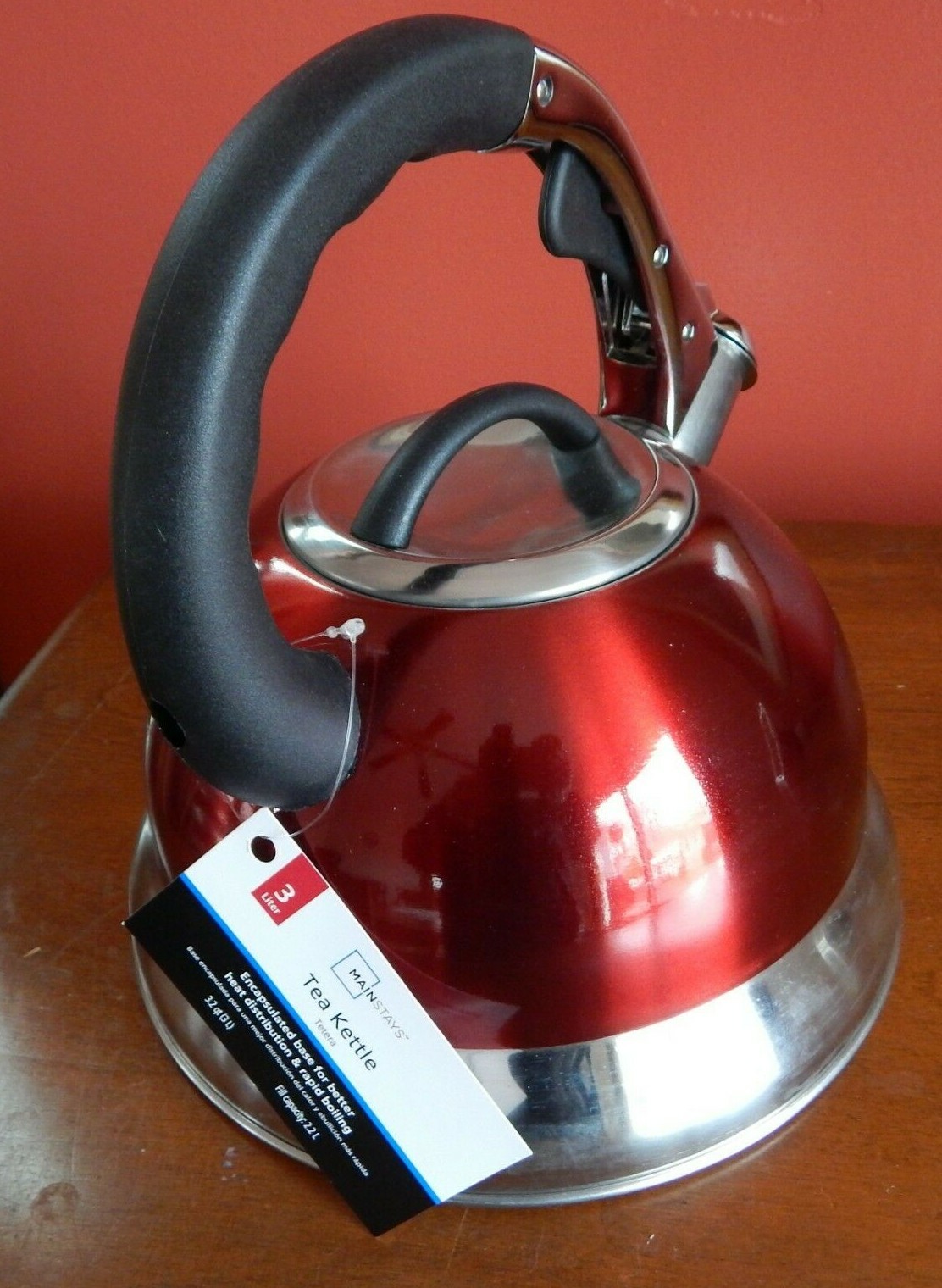 Whistling Red Tea Kettle Stainless Steel Teapot for Stove Top 3L Mainstays NWT