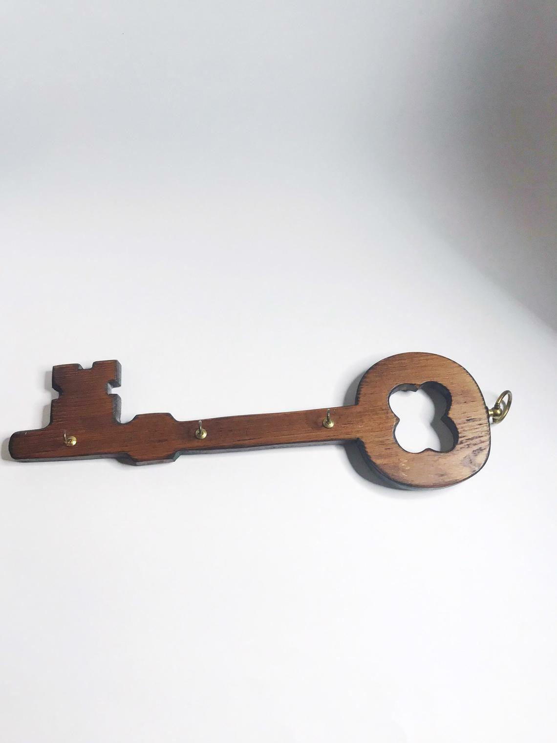 Vintage Wooden Key Holder Wall Key Shaped Sign Large Rustic Hand Carved Key Rack