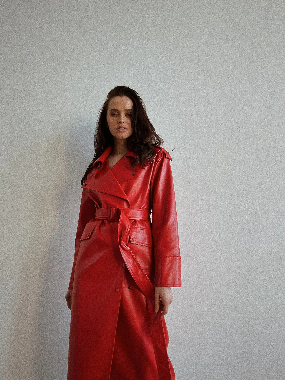 Pre-owned Handmade Designer Winter Red Partywear Stylish Women Leather Belt Trench Coat Lambskin In Same As Shown In Image