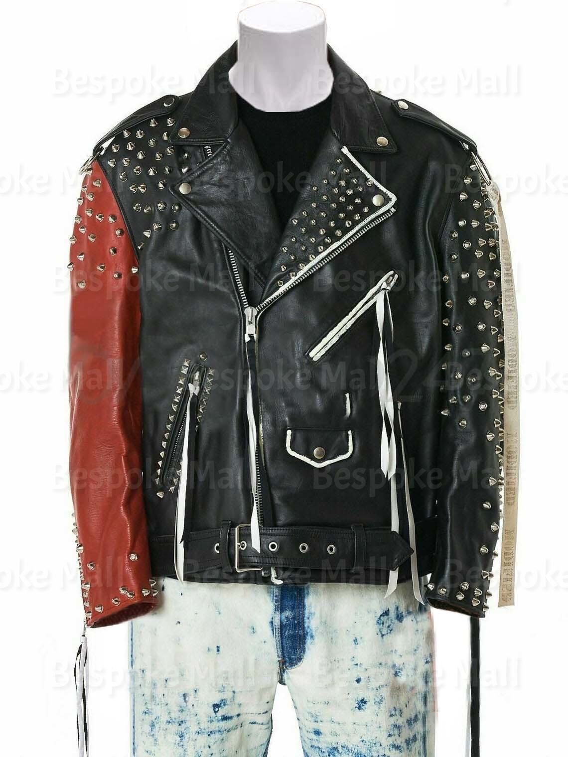 Pre-owned Handmade Men's Multicolor Spiked Studded Motorcycle Style Leather Jacket Belted-208
