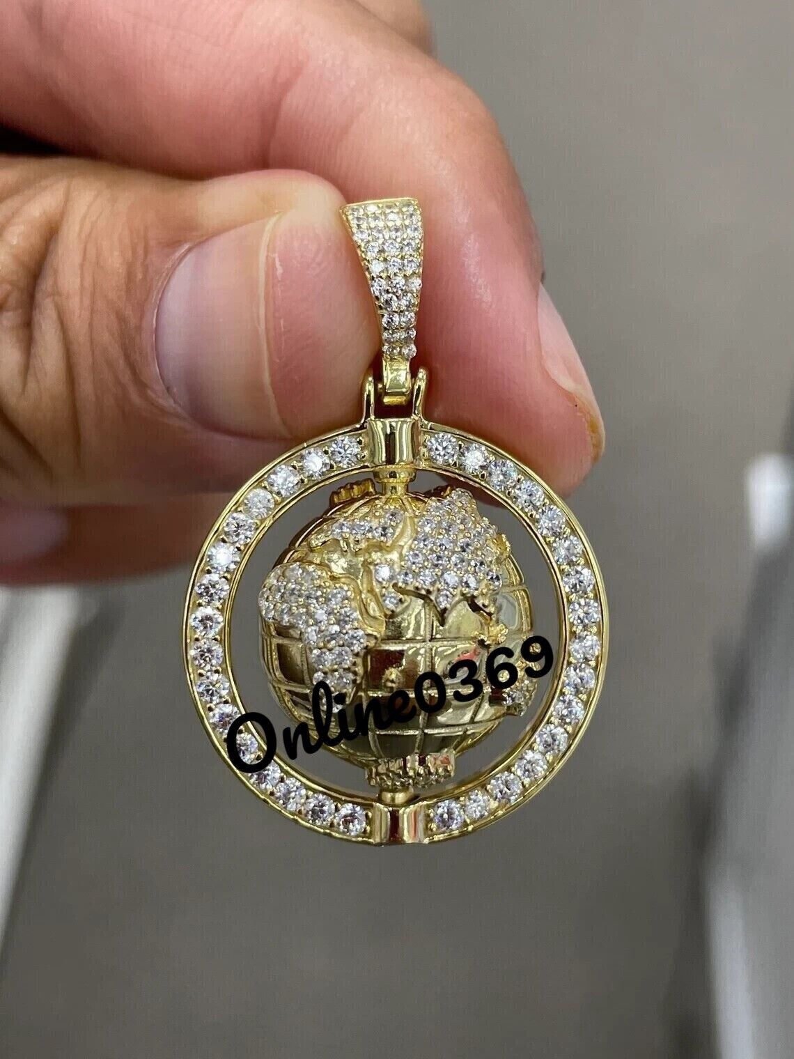 Pre-owned Online0369 Men's Unique 3d Globe Charm Pendant Real 10k Yellow Gold Natural White Diamond
