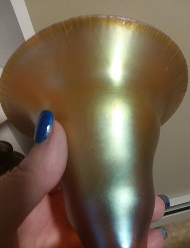 German WMF Myra Kristall iridescent aurene gold fluted vase 4.5