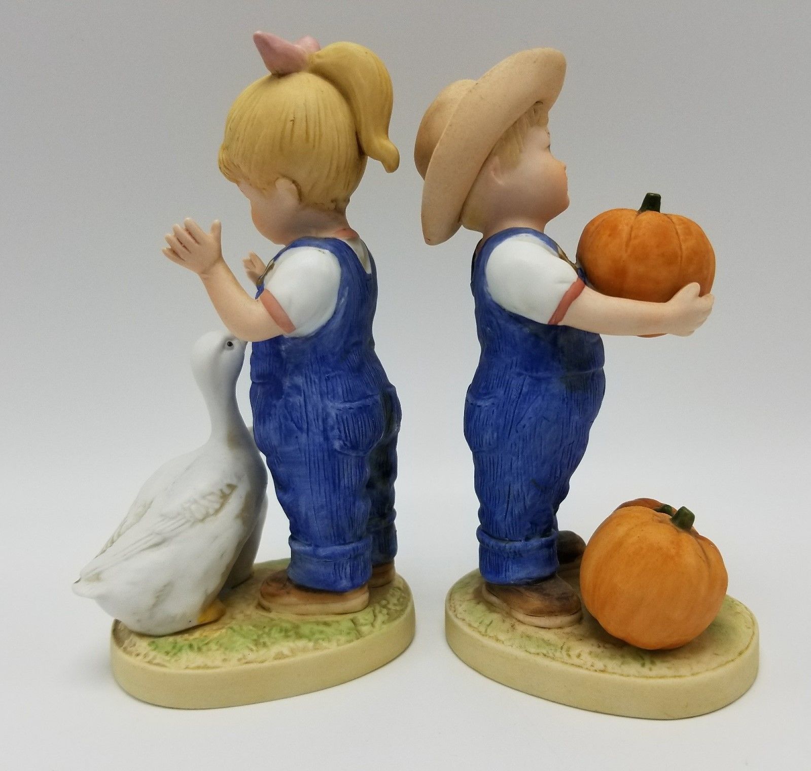 HOMCO Denim Days Debbie Danny Figurines 1502 Fall Pumpkins and Goose 1985