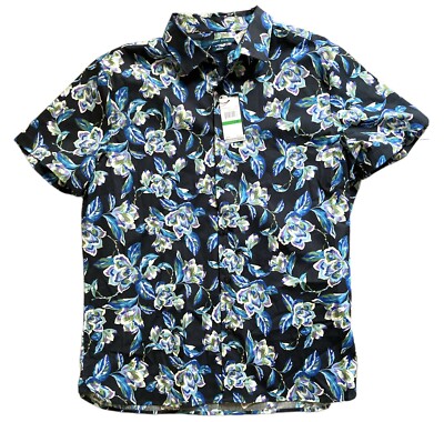 Men's Large Perry Ellis NEW Cotton Stretch Sport Shirt Blue Floral Cruise Party