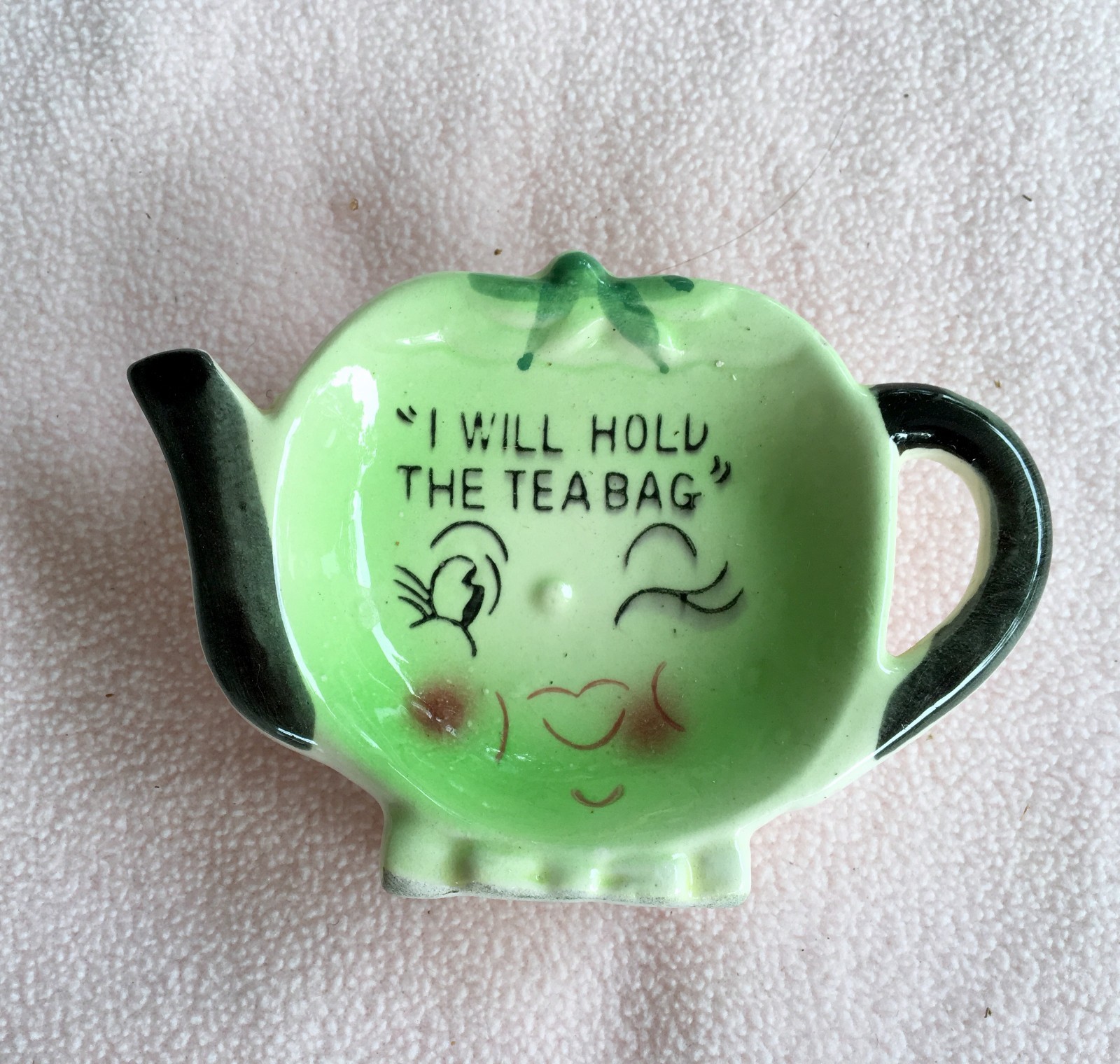 Vintage Napco Japan Ceramic Tea Bag Holder I WILL HOLD THE BAG~Delightful Duo