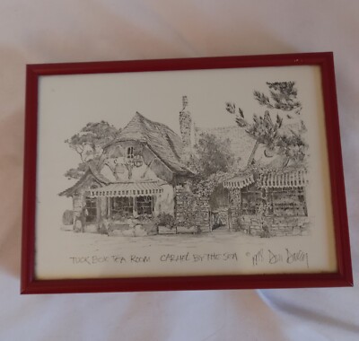 1978 Don Davey Signed Print Portraits, Tuck Box Tea Room 5 X 7 Inch Red Frame
