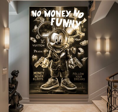 XL LEINWAND BILD BIS 155x100x5 MICKY-MAUS NO-MONEY-NO-FUNNY CARTOON POPART COMIC