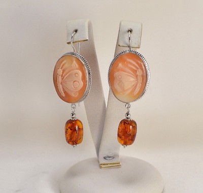 Ohrringe aus Silber 925 Mit Bernstein Und Kameen IN Corneola Butterfly Aght 0543