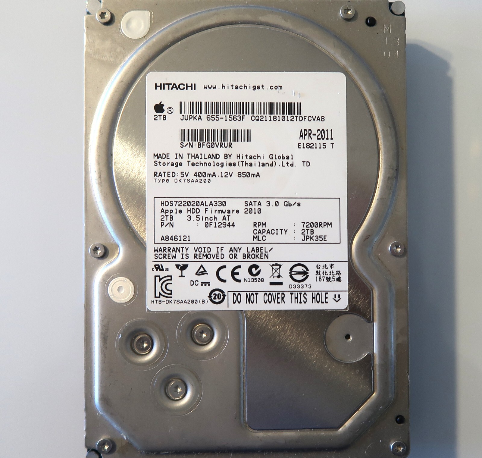 HGST HDS722020ALA330 HDD 2TB×4個(8TB)バラ売可 Hitachi HDS722020ALA330 0F12944 JPK35E Thailand 655-1563F