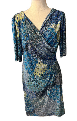 Connected Dress 12 Blue Green Paisley Washable Stretch Short Sleeve Career NEW