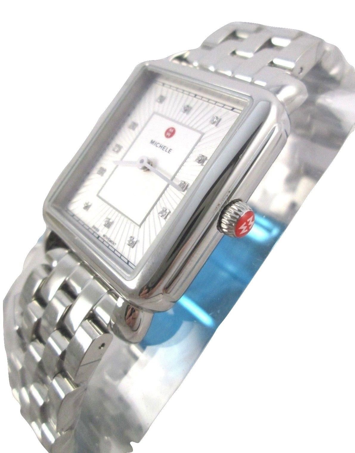 Pre-owned Michele 3 Pc Set  Deco Ii Silver,diamonds,black+white Leather Watch Mww06x000