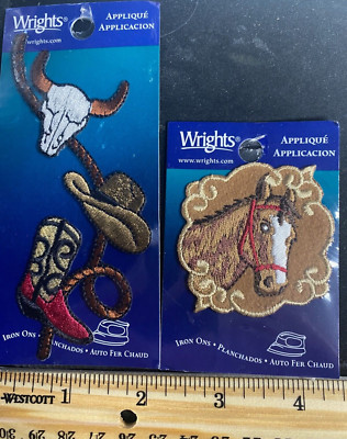 2 Vintage Wrights Appliqué Embroidered Patches Western Horse Cowboy Cattle Hat