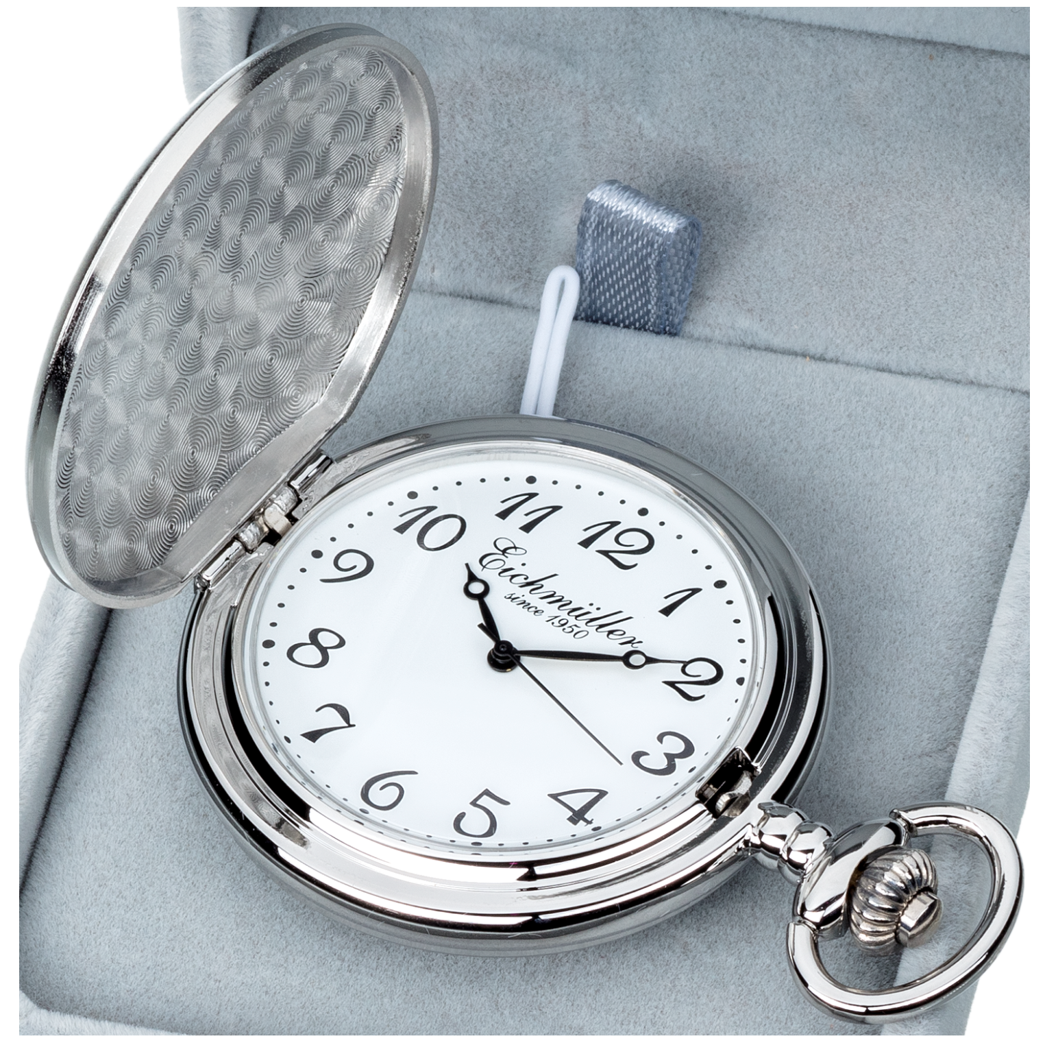 Eichmüller Savonnette Quartz Taschenuhr aufklappbar mit Karabiner Kette und Box