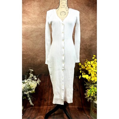 Pre-owned Lita By Ciara Icon Rib V Neck Cardigan Button Front Midi Dress - White - Size M