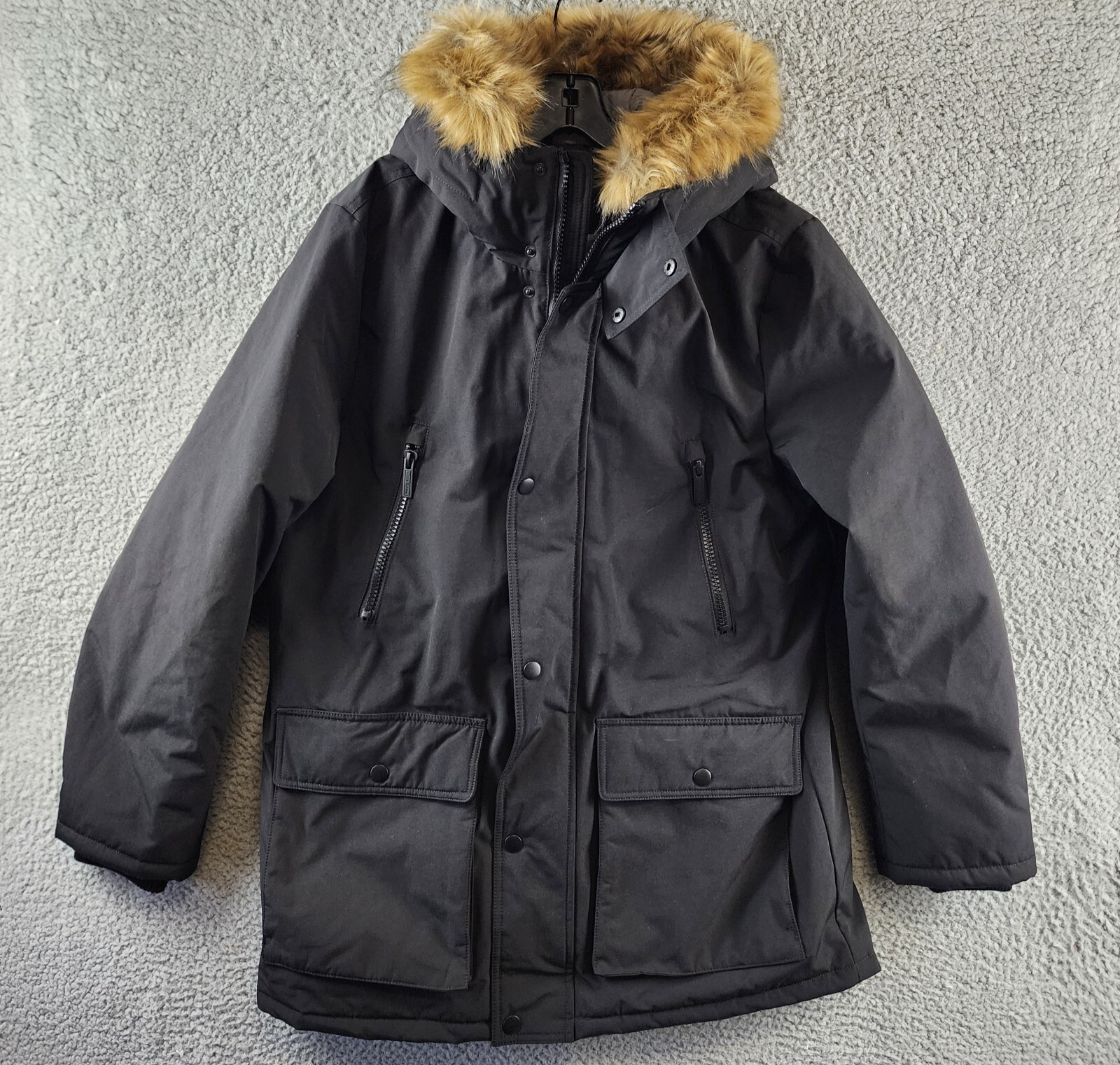 Club Room Parka with a Faux Fur-Hood Jacket Men's M Black Long Sleeve Zip/Snap - Picture 2 of 17