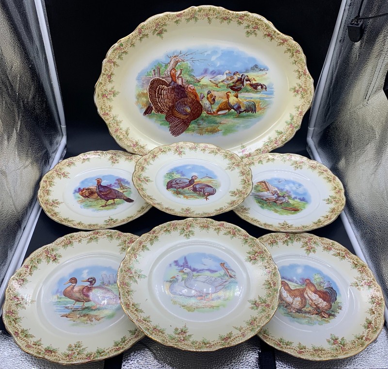 ANTIQUE DINNER PLATE SERVING TRAY THANKSGIVING SET 7 DUCK TURKEY