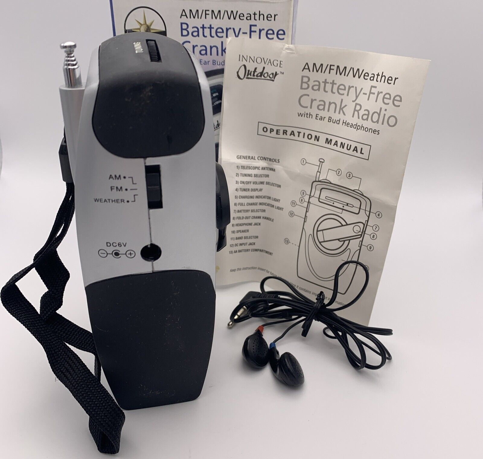 Innovage Outdoor AM/FM/ Weather Battery-Free Crank Radio with Ear Bud Headphones