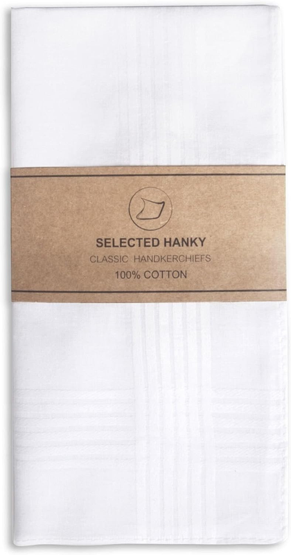 Selected Hanky Handkerchiefs for Men Cotton, White Classic Hankie, 12 Pack